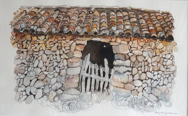 Akvarell Fårhuset Mallorca av Brigitte Gustafsson