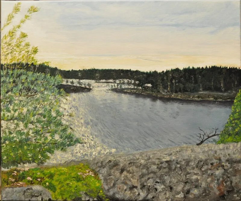 Oljemålning Tyresö fjärd i skymning av Karl-Erik Svensson