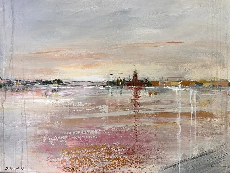 Akrylmålning Skymning över Stockholm av Ulrica Halling Olsson_art Stockholm