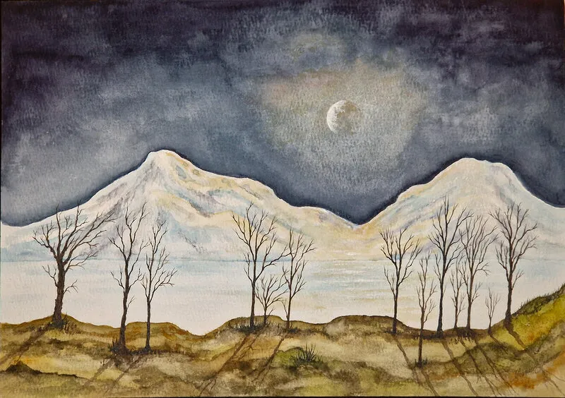 Akvarell Månljus av Yvonne Halvarsson