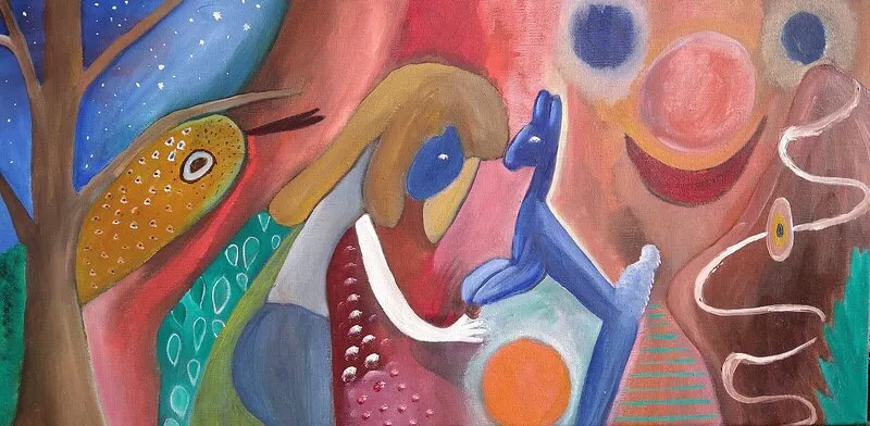 Oljemålning Den blå hinden av Ulla-Karin Karlsson