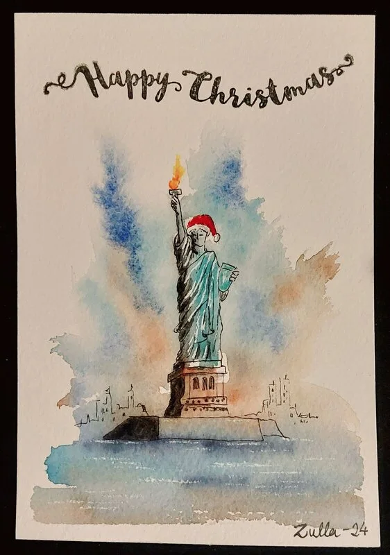 Akvarell Frihetsgudinnan i tomteluva av Susanne Persson