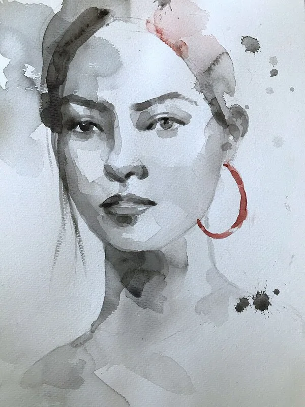 Akvarell Girl with Red Earring av Mona Markinhuhta