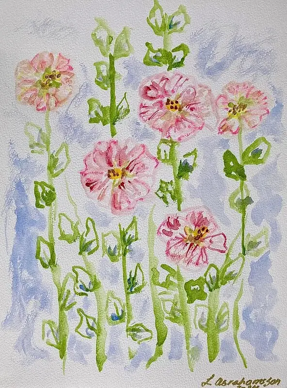 Akvarell Stockrosor av Linda Abrahamsson La Arts Sweden