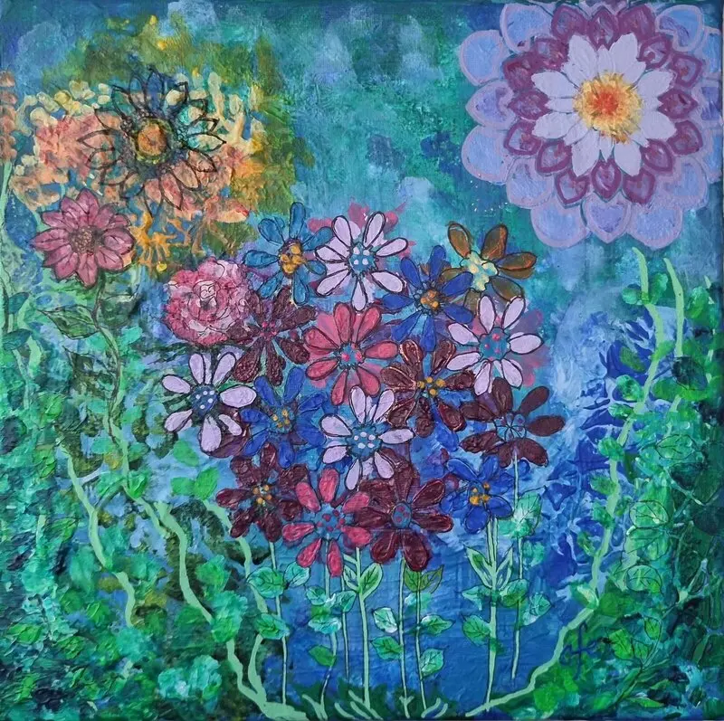 Akrylmålning Blomster & mandalas av Christine Foss Eriksson