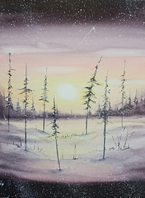 Akvarell Golden Glow in the Snow av Pernilla Carlsson
