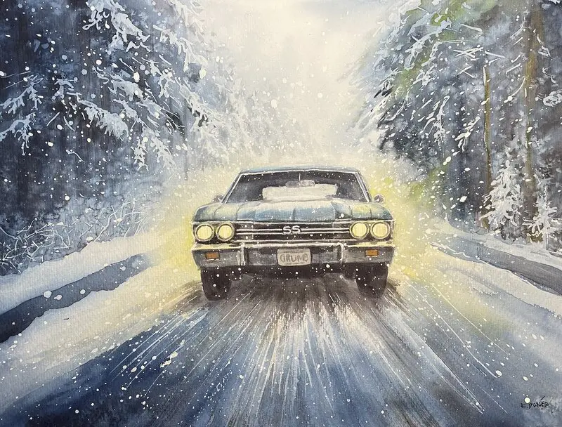 Akvarell Chevelle on ice road av Kristina Dunér