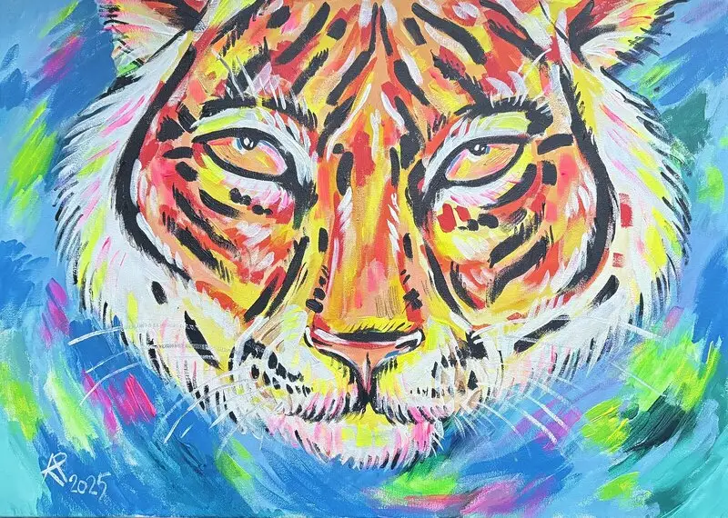 Akrylmålning Färgglad tiger av Karolina Pronckute