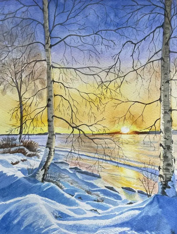Akvarell Blek decembersol av Lena Hörnfeldt