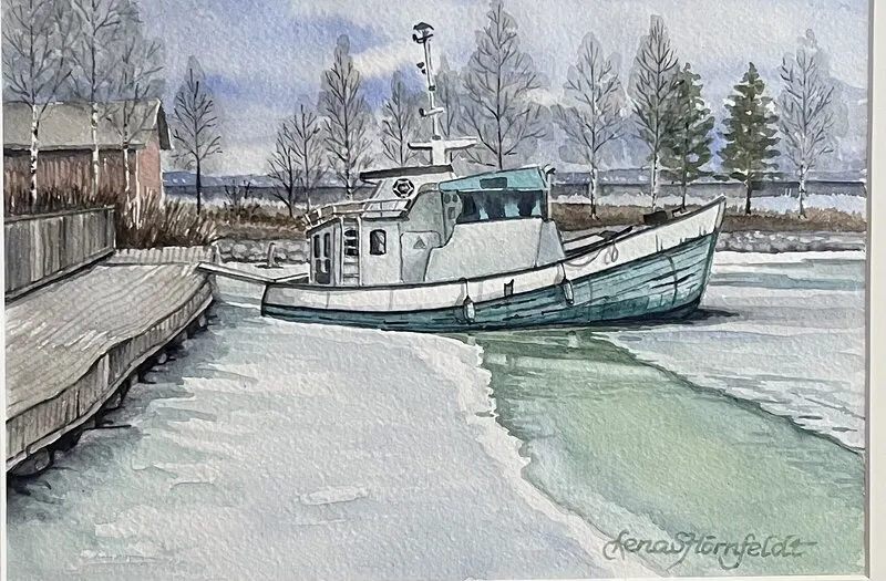 Akvarell Båt i Vivstavarv av Lena Hörnfeldt