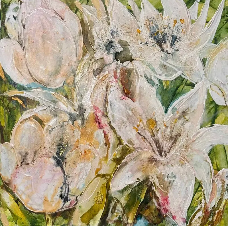Vit blommande konst – Tavla i ljusa färger av Susanne Arvidsson