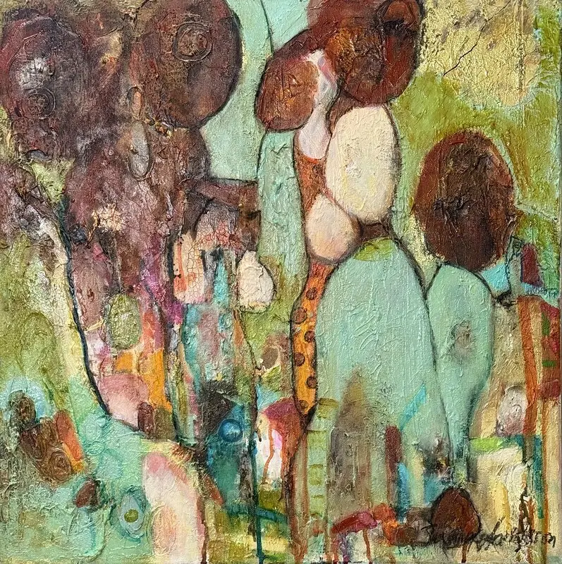 Abstrakt retroinspirerad tavla – Titel – Skiftningar i Tidlöshet av Susanne Arvidsson