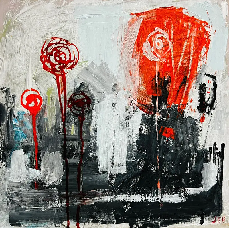 Akrylmålning Flowers in red and black av Jenny Svenberg