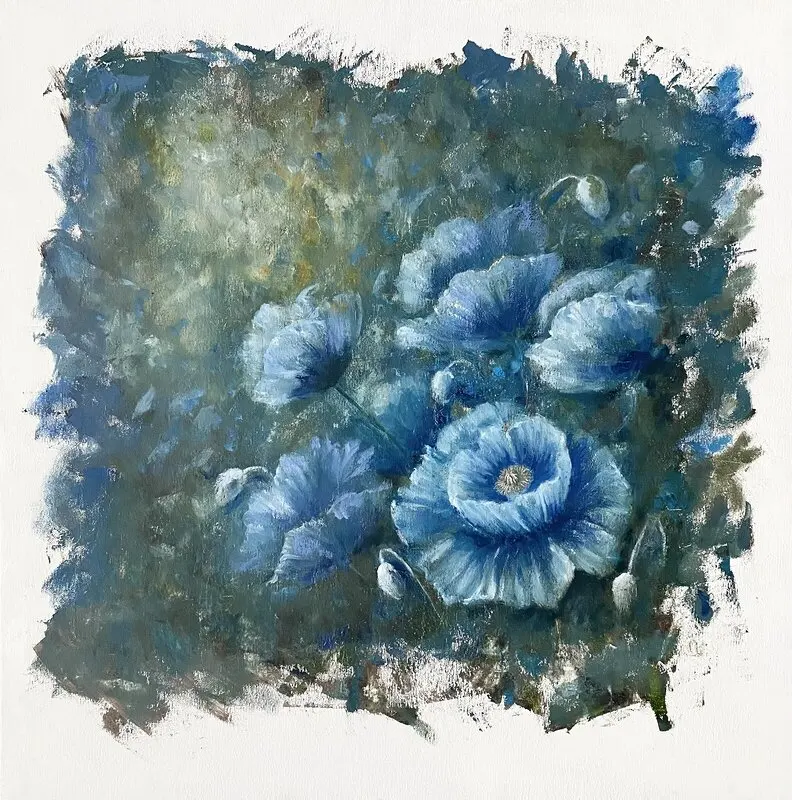 Oljemålning Blå vallmor i skymningen. Blommar av Natalia Pettersson