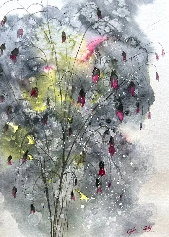 Akvarell Vilda blommor under snön av Olga Kharyakova