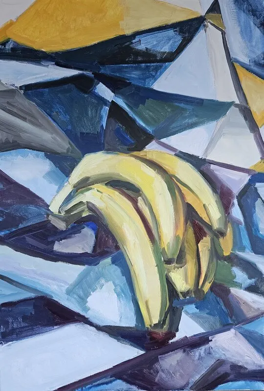 Oljemålning Bananas on striped textile av Åsa Gamgam Leanderz