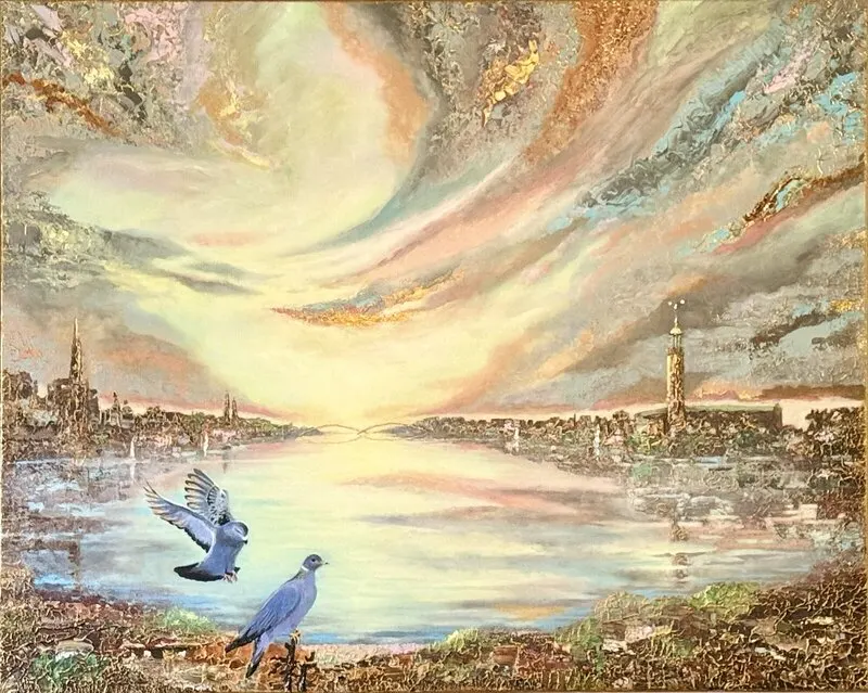 Akrylmålning Golden Wings over Stockholm av Nina Björk
