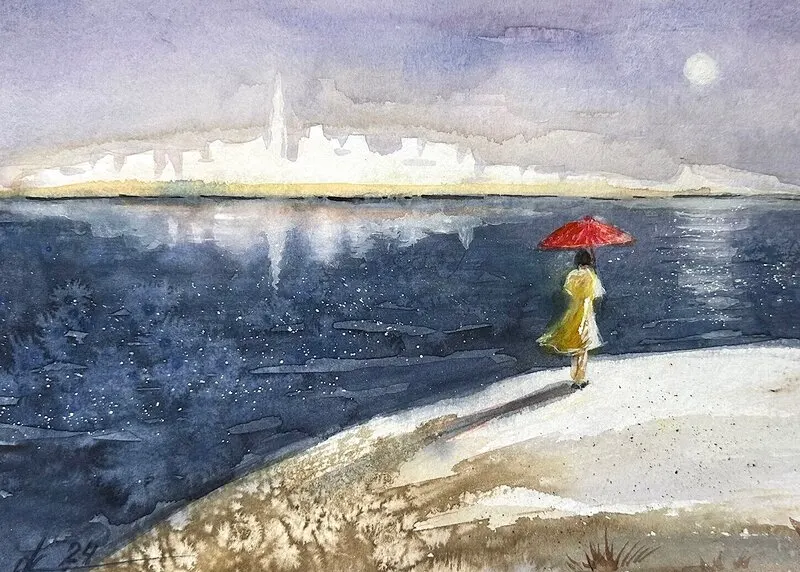 Akvarell Vita staden av Olga Kharyakova