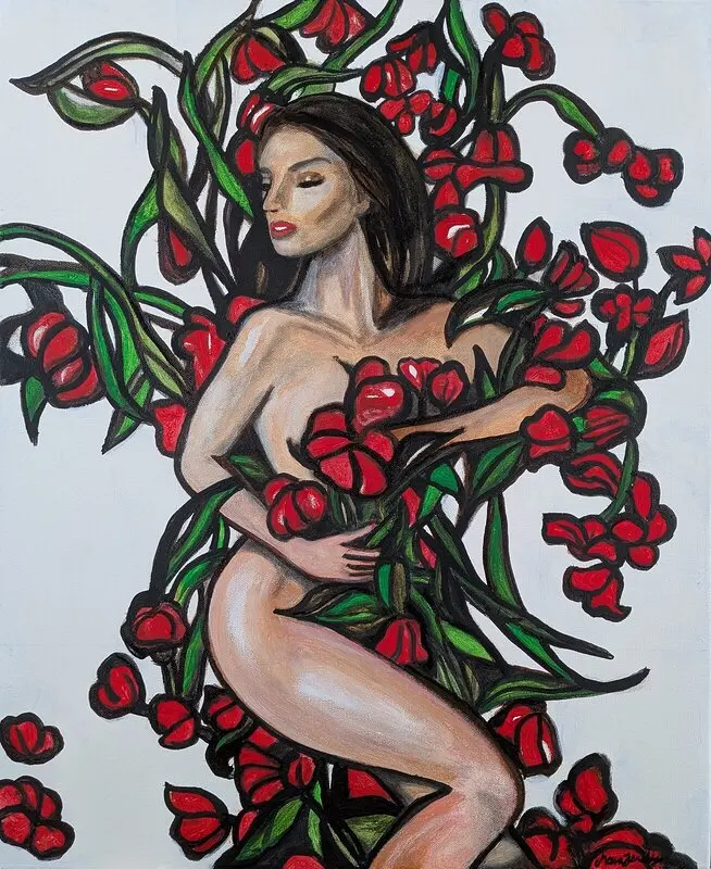 Akrylmålning In a bed of roses. av Maria Joneby