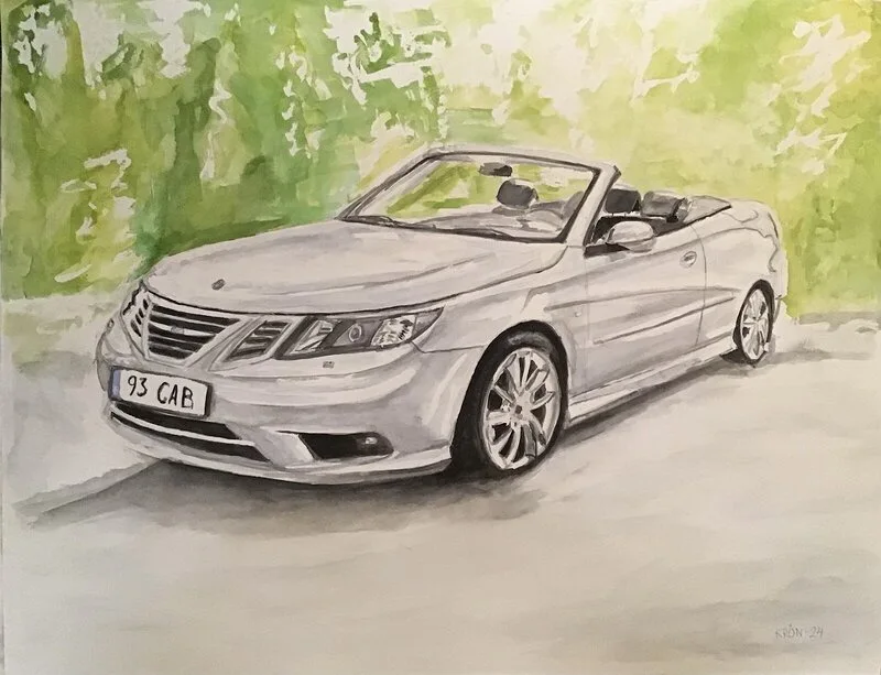 Akvarell Saab 93 cab av Daniel Krön