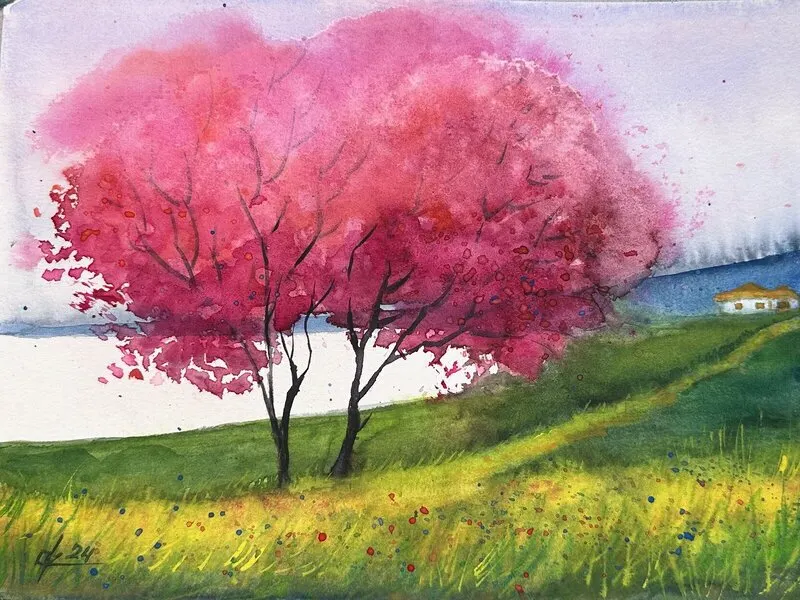 Akvarell Under skuggan av rosa träd av Olga Kharyakova