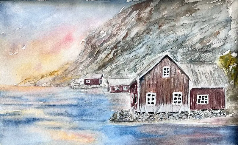 Akvarell Sjöbodar II av Birgitta Eriksson