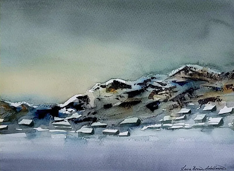 Akvarell Fjällby av Lena Bovin Adolfsson