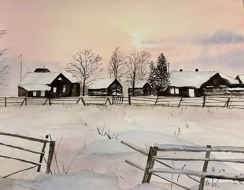 Akvarell En gård i vinterdvala av Kristina Silwer
