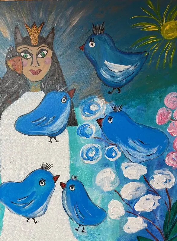 Akrylmålning BLUE BIRDS AND THE PRINCESS av Lisbeth Ericsson