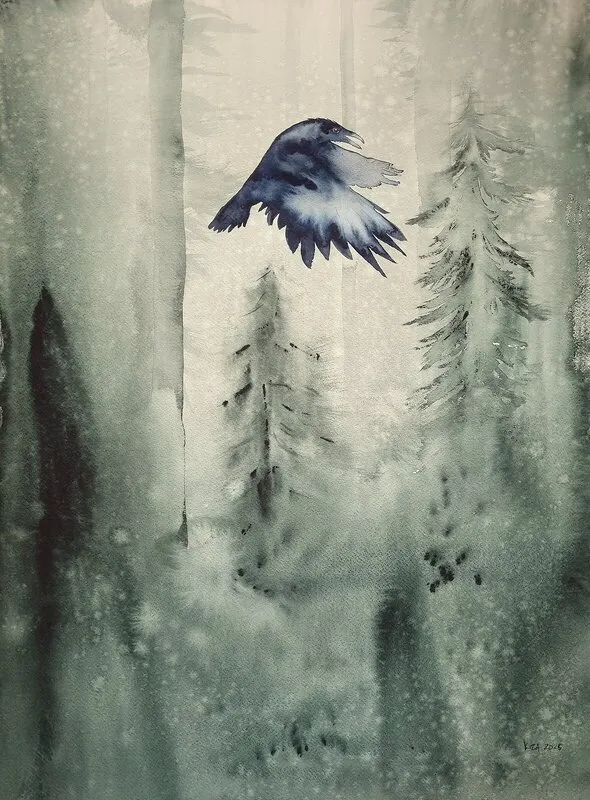 Akvarell Skogskorpen av Kiba Gustafsson