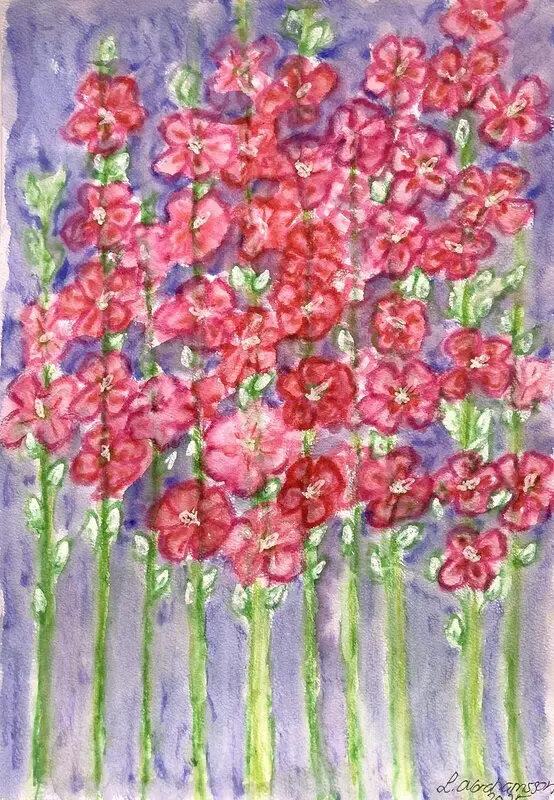 Akvarell Stockrosor av Linda Abrahamsson La Arts Sweden