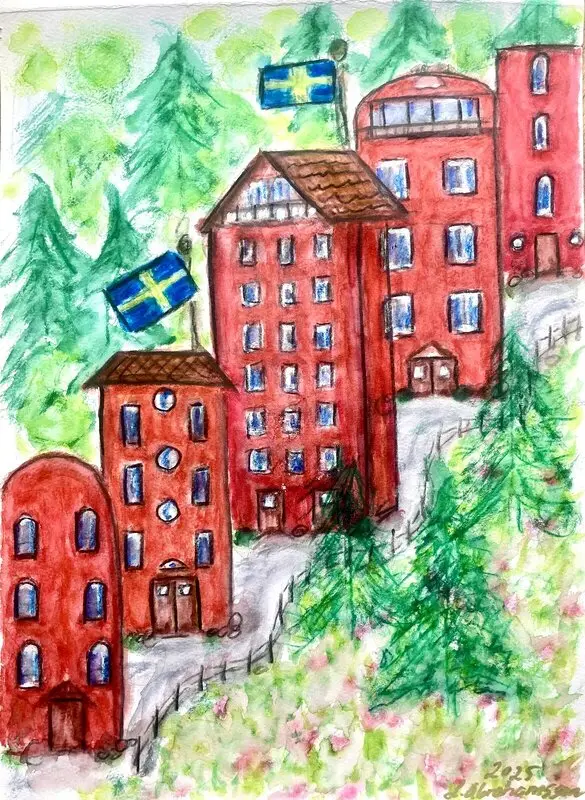Akvarell Röda gatan av Linda Abrahamsson La Arts Sweden