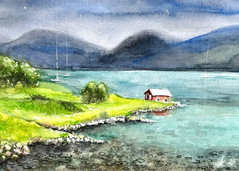 Akvarell Tystnaden i fjorden av Olga Kharyakova