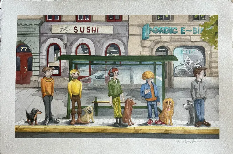 Akvarell The Bus Stop, Hornsgatan av Rebecca Cary