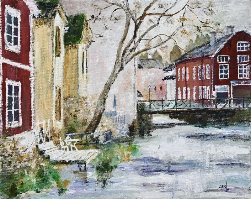 Oljemålning Norrtälje Ån, Spegling av Cécile Hansson