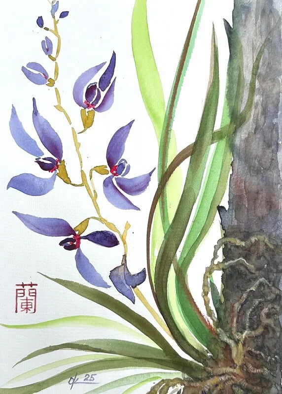Akvarell Vild orkidé på ett träd. av Olga Kharyakova