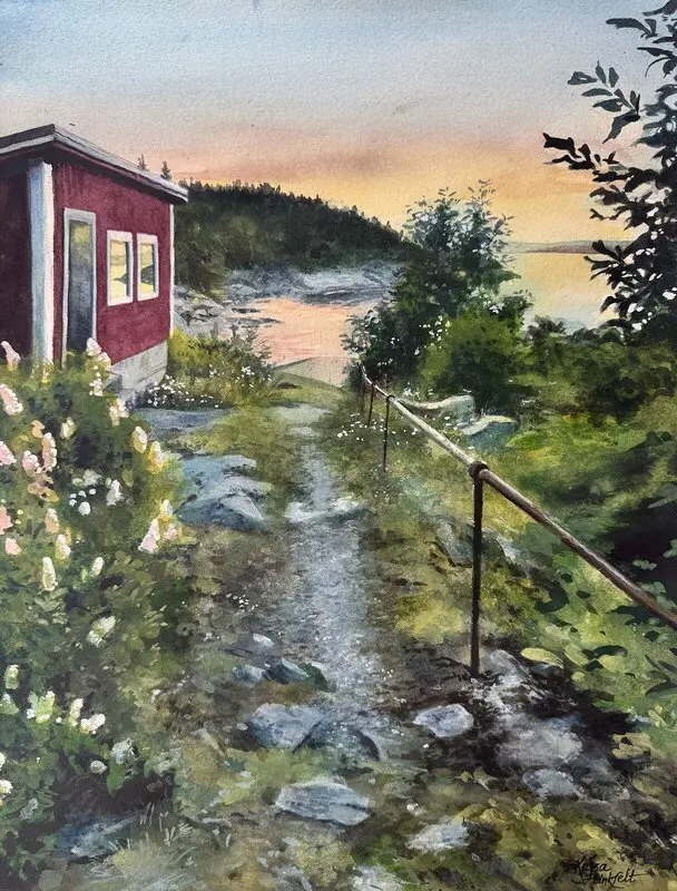 Akvarell Nerför berget av Kajsa Flinkfeldt