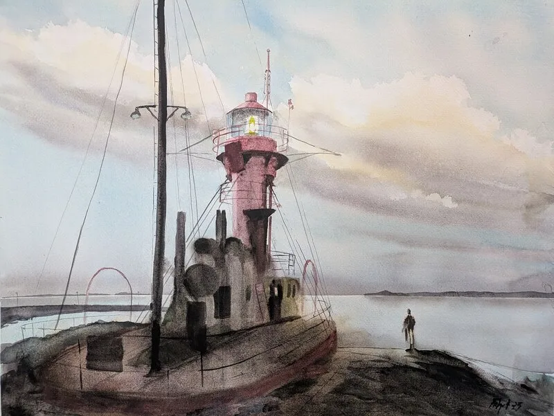 Akvarell Fyrskeppet Västra banken 2 av Fritjof Karlsson