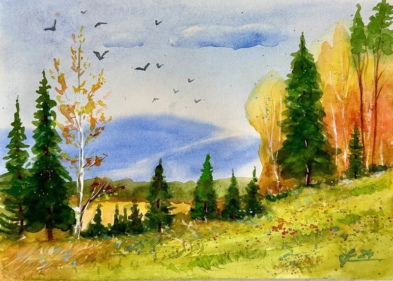 Akvarell Höstskog. av Olga Kharyakova