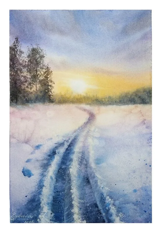 Akvarell Winter road to the forest av Olena Korzhyk