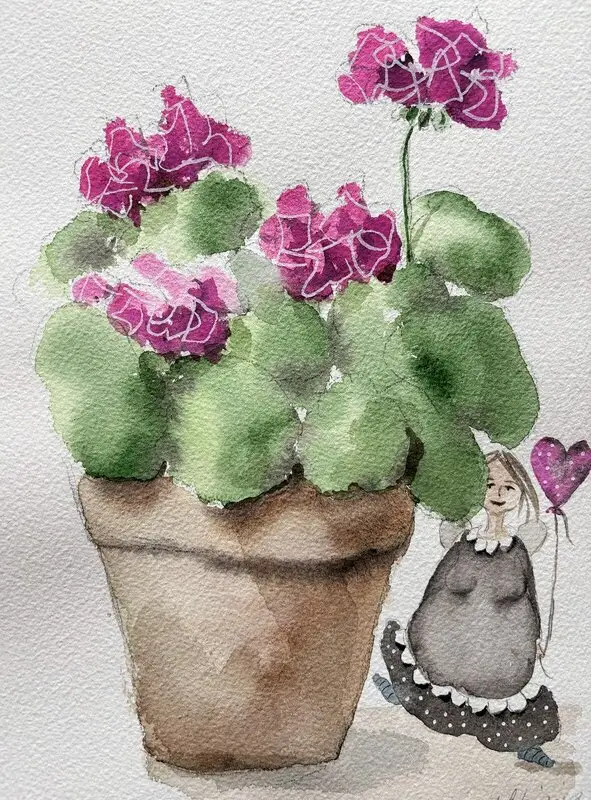 Akvarell Ängeln under pelargonernas himmel. av Karolina Lohiniva