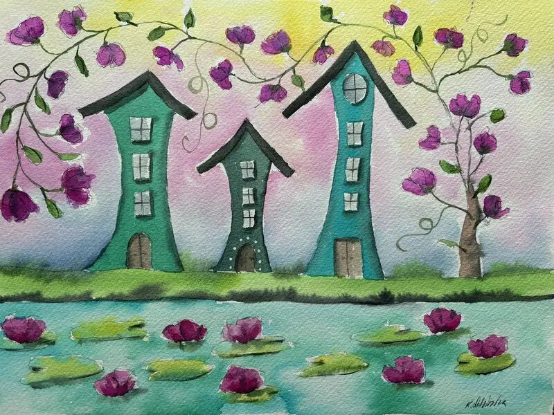 Akvarell Blomstrande hus. av Karolina Lohiniva