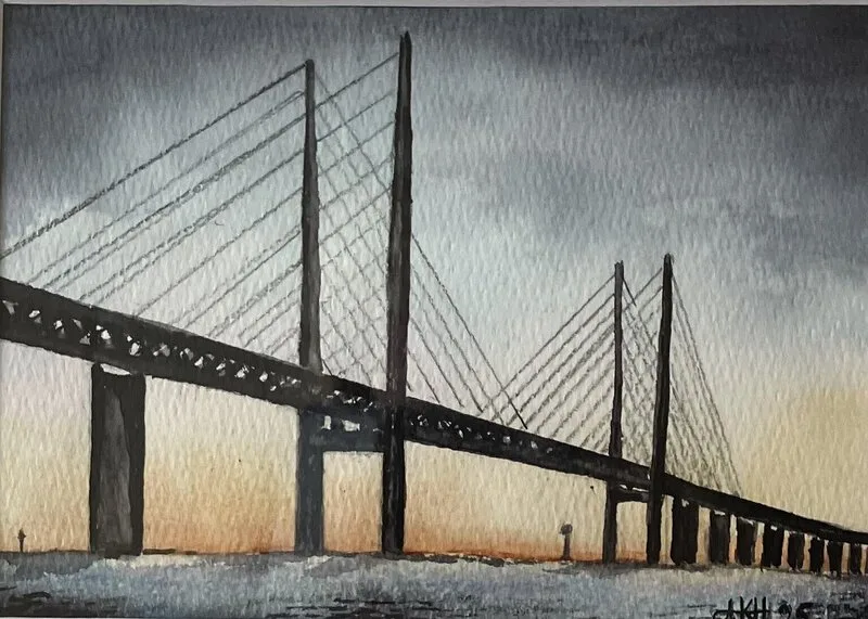 Akvarell Öresundsbron i skymningsljus av Kristina Hvam