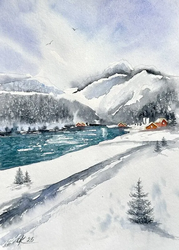 Akvarell Sjö i Alperna av Olga Kharyakova