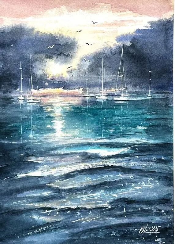 Akvarell Havslandskap med segelbåtar. av Olga Kharyakova