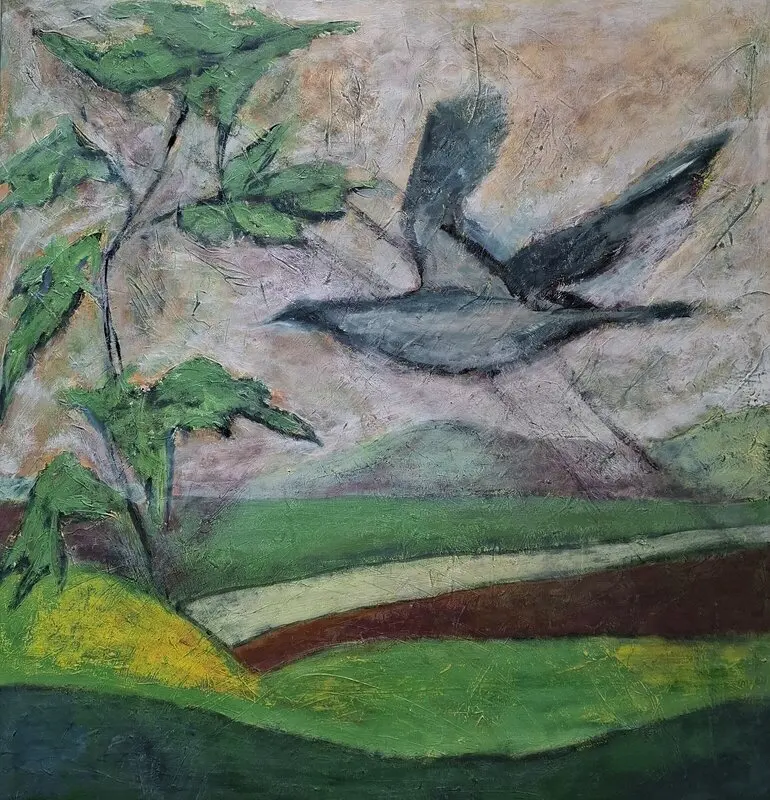 Akrylmålning Fågel och bladverk av Cecilia Livmar Lundqvist