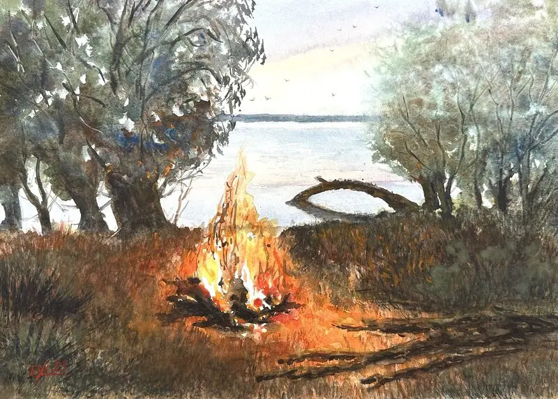 Akvarell Kvällsbrasa vid floden. av Olga Kharyakova