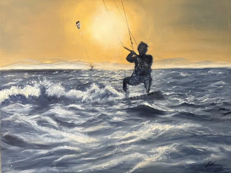 Oljemålning Kiting in sunset av Katarina Blomberg