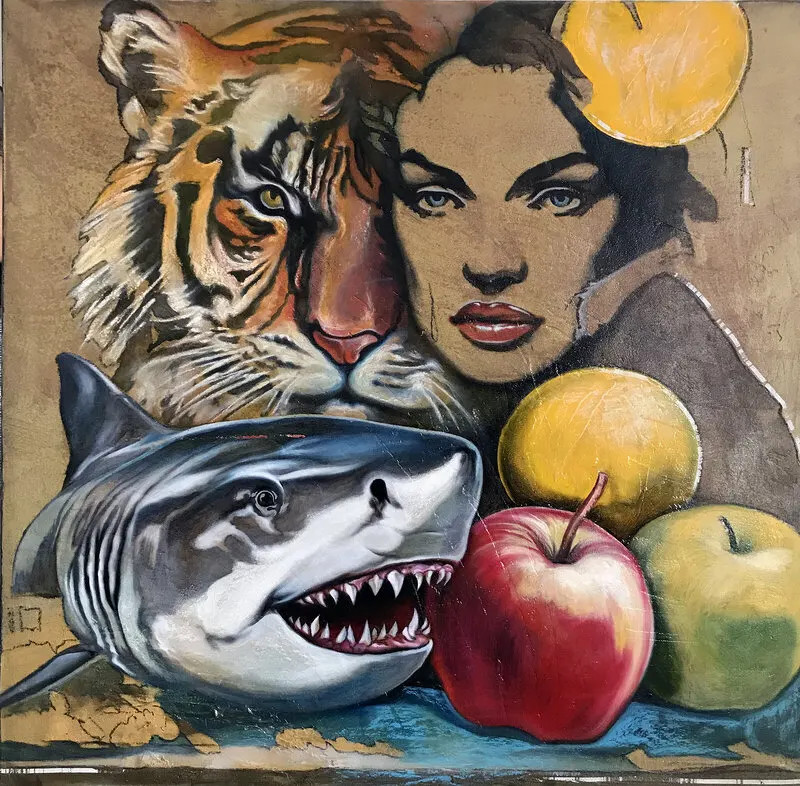 Oljemålning Tiger and Shark av Christo Kuzmanov