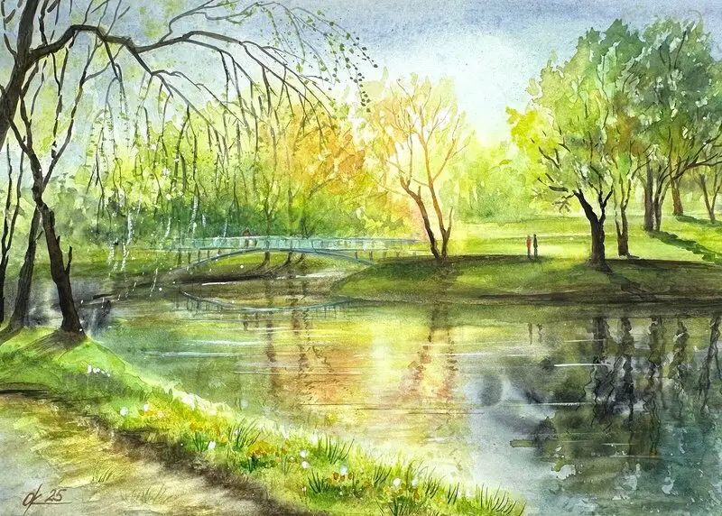 Akvarell En promenad genom en vårpark. av Olga Kharyakova